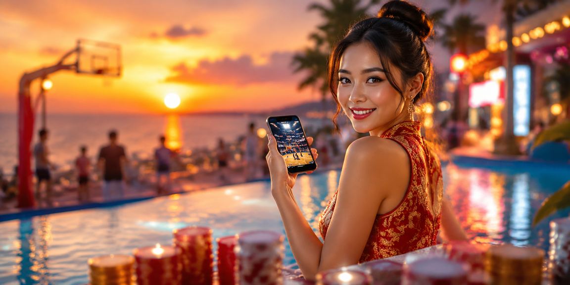 Người dùng tại Mũi Né theo dõi và đặt cược bóng rổ qua điện thoại tại lễ hội biển